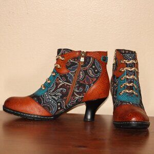Vinatge L'Artiste Ankle Boots - Paisley Print and Teal Leather Design